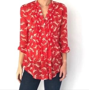 Maeve Anthropologie 100% cotton red cheetah button down blouse size 4